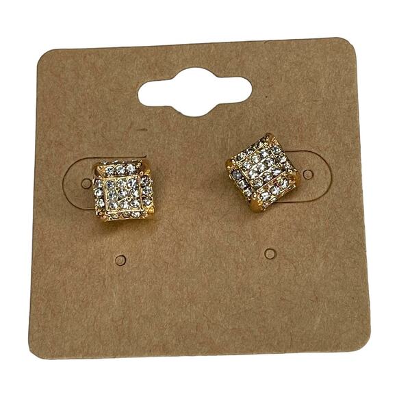 Stud Square Earrings Rose Gold Tone with Rhinestones Stacked Squares - Picture 6 of 9